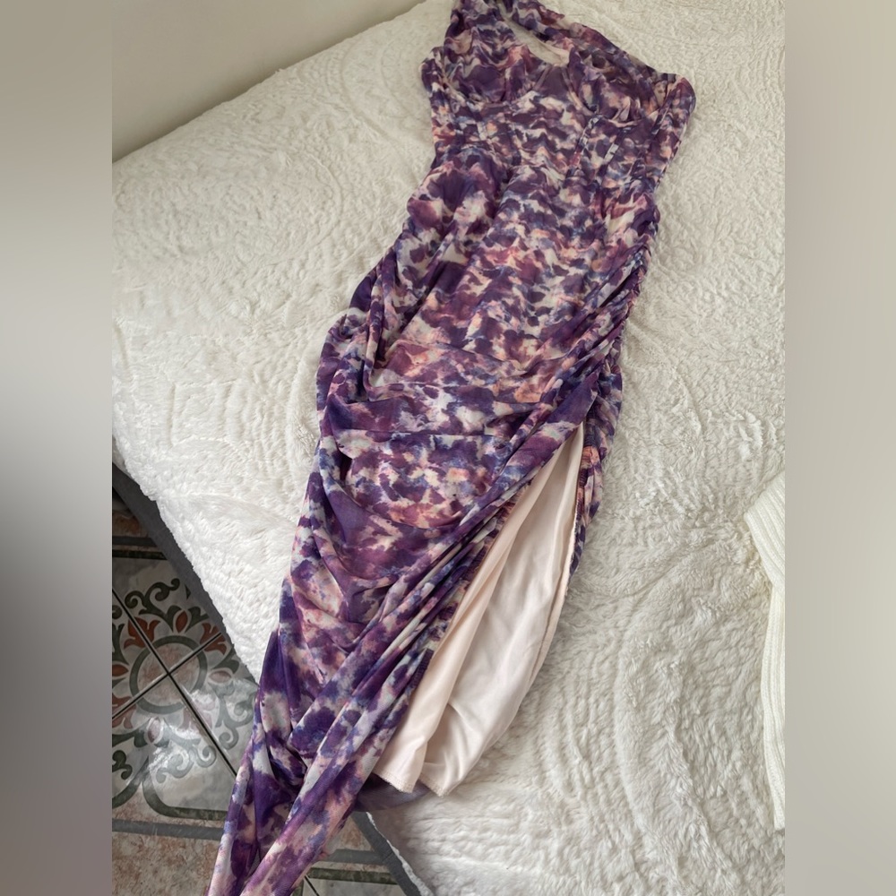Purple one shoulder dress midi length with slit on side